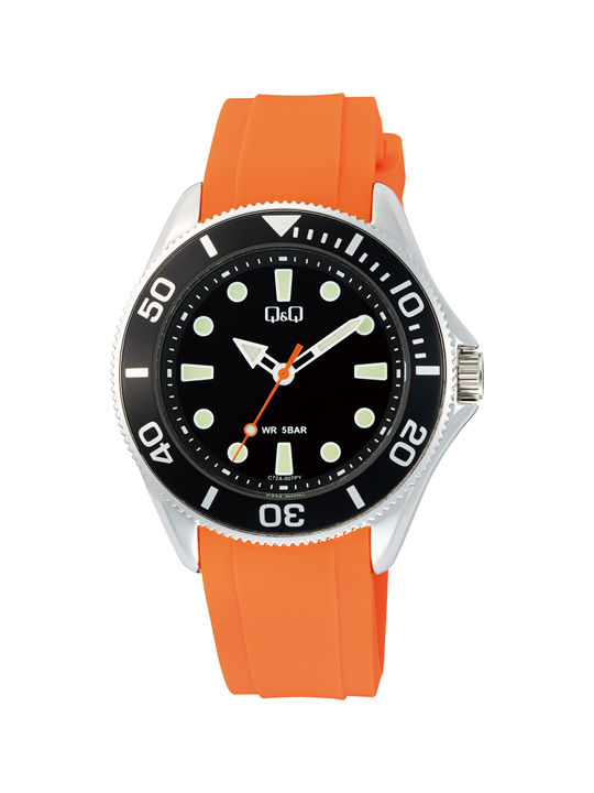 Q&Q Men's Watch Battery with Orange Rubber Strap