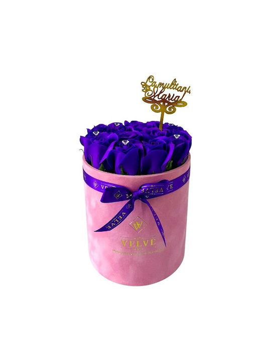Aranjament Floral Crystal Beauty 15 Trandafiri Săpun Handmade Cristale În Cutie Catifea Roz Decor „La Mulți Ani Maria!” Albastru Indigo