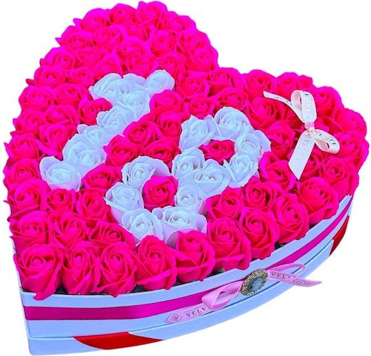 Aranjament Floral Personalizat Numărul 18 În Cutie În Formă De Inimă 101 Trandafiri Săpun Roz-alb