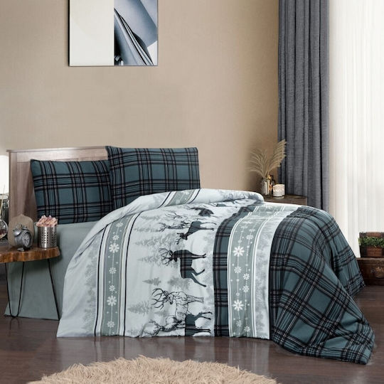 First Choice Set Duvet Cover Flannel 160x220cm Single with Pillowcase & 1 Bed Sheet Happiness Green