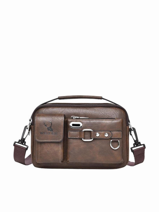 Weixier Multifunctional Shoulder Bag Men Portable Zipper Simple Weave Dark Brown