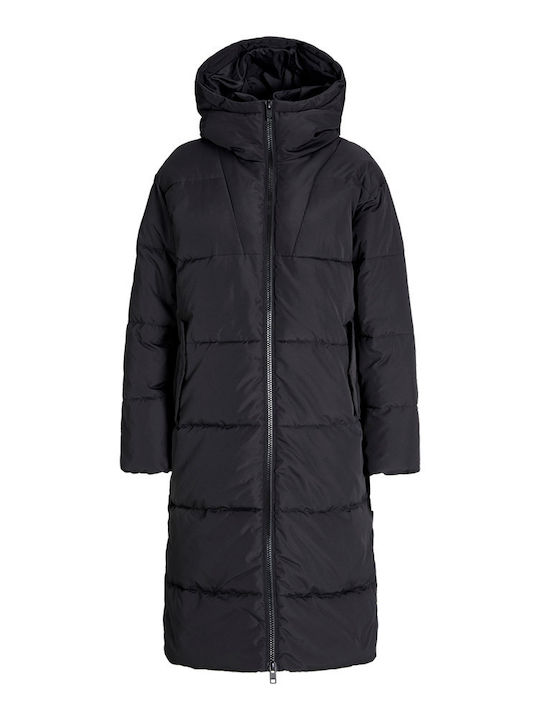 Women's Long Puffer Jacket for Winter with Hood Black