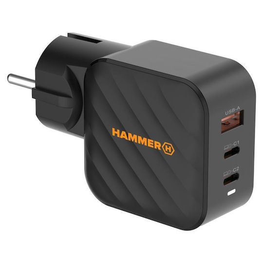 Hammer Charger Without Cable GaN with USB-A Port and 2 USB-C Ports 65W Power Delivery Blacks (RapidCharge Duo)