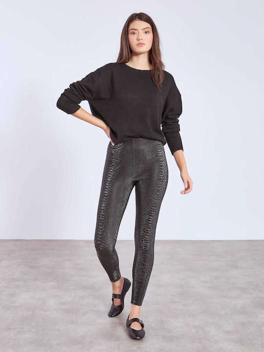 Celestino Γυναικείο Κολάν Τύπωμα Φίδι Γυαλιστερό Slim Fit Μαύρο