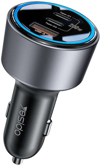 Yesido Auto-Ladegerät 200W Schnellladung mit Anschlüssen: 1xUSB 2xType-C Schwarz Farbe