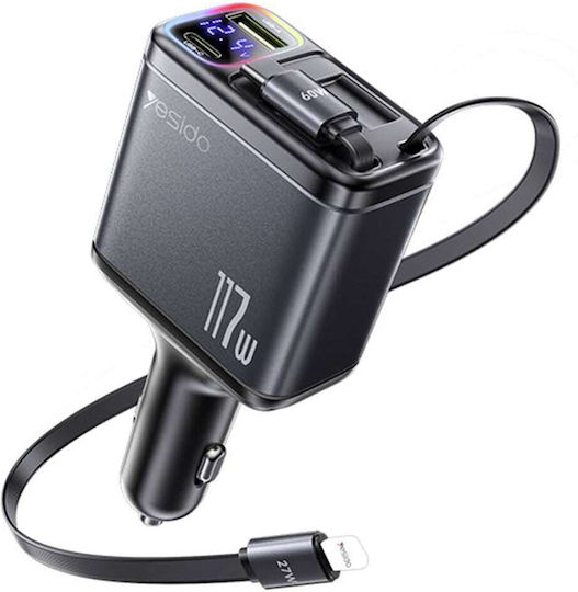 Yesido Auto-Ladegerät 117W Schnellladung mit Anschlüssen: 1xUSB 1xType-C mit Kabel Typ-C,TC-TC Gray Farbe
