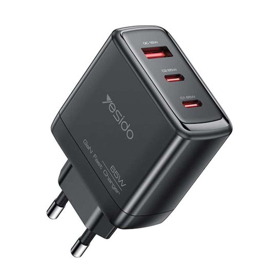 Yesido Charger Without Cable GaN with USB-A Port and 2 USB-C Ports 65W Power Delivery Blacks (YC144)