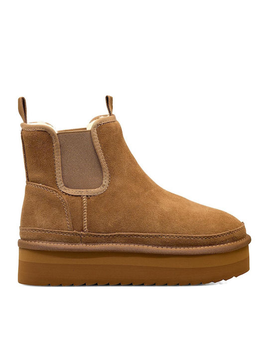 Suede Women's Ankle Boots with Fur Tabac Brown