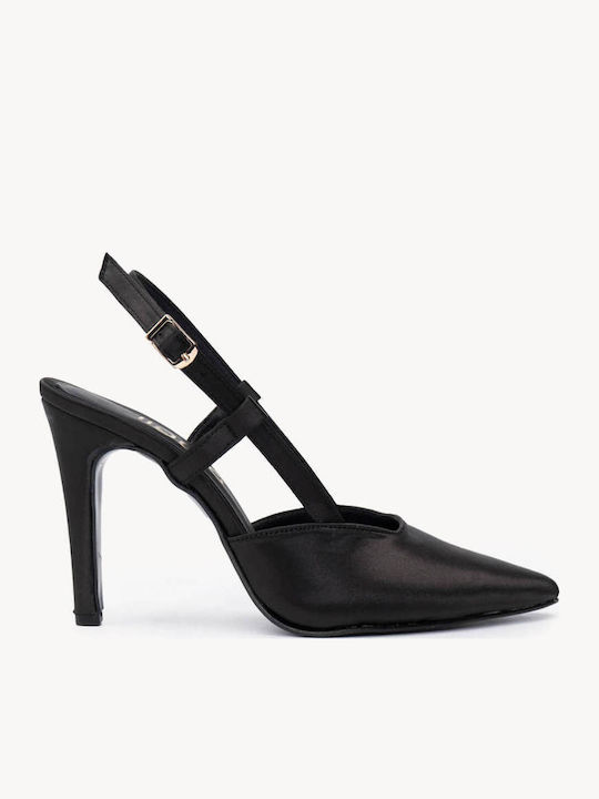 Μαύρες Slingback Γόβες Σατέν Υφή Τακούνι