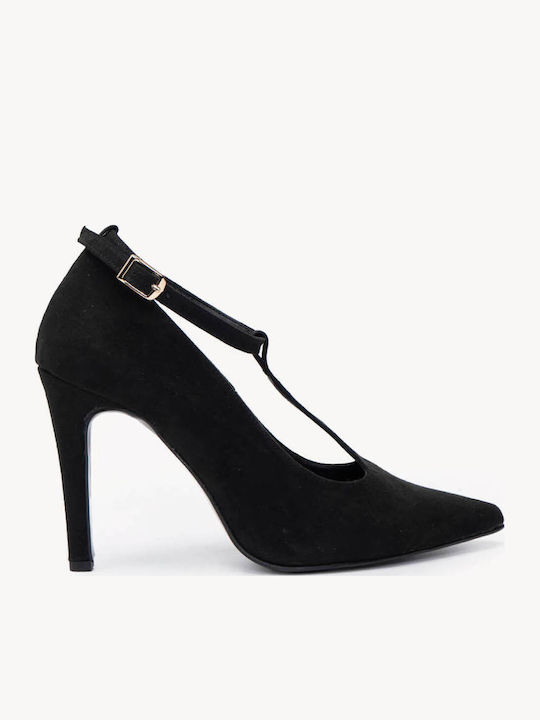 Μαύρες Suede T-bar Γόβες Δερμάτινο Πάτο