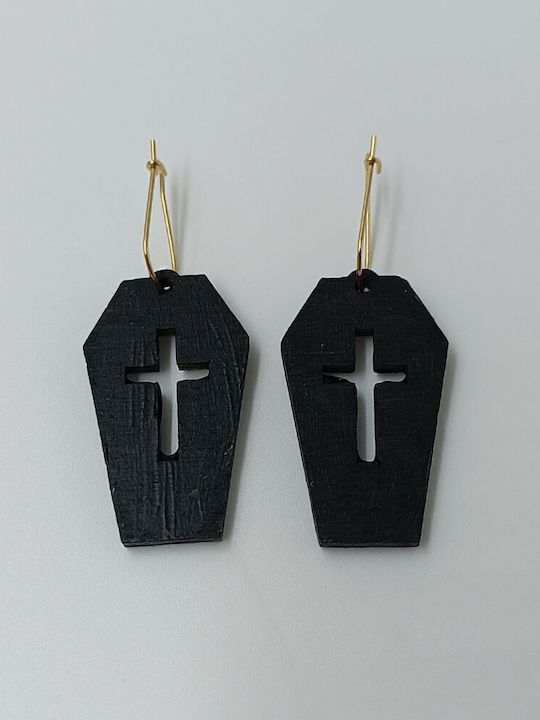 Vergoldete Schwarze Holzsarg Gravur Kreuz Ohrringe Toxylo