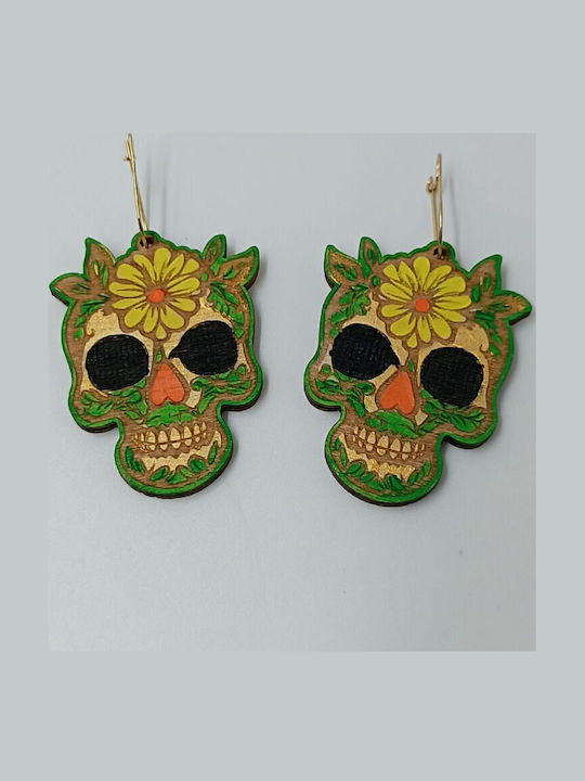Cercei Din Lemn Colorați Sugar Skull Gravură Toxylo