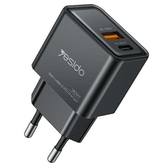 Yesido Charger Without Cable GaN with USB-A Port and USB-C Port 30W Power Delivery Blacks (YC64)