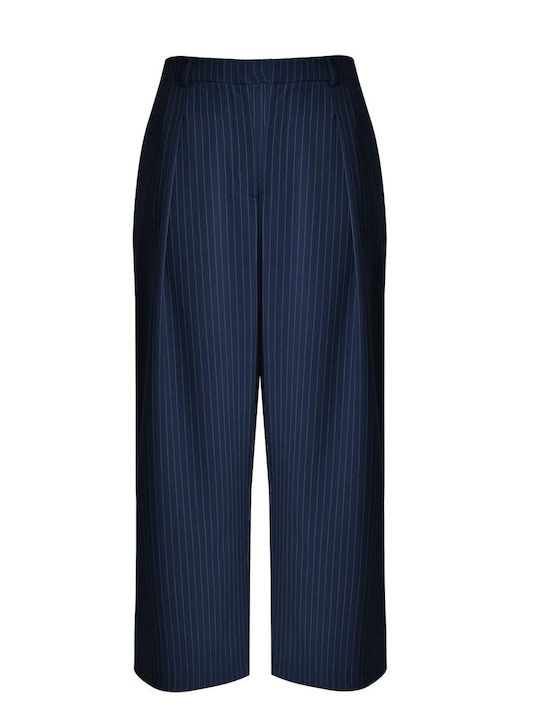 Women's High-waisted Fabric Capri Trousers Striped Blue