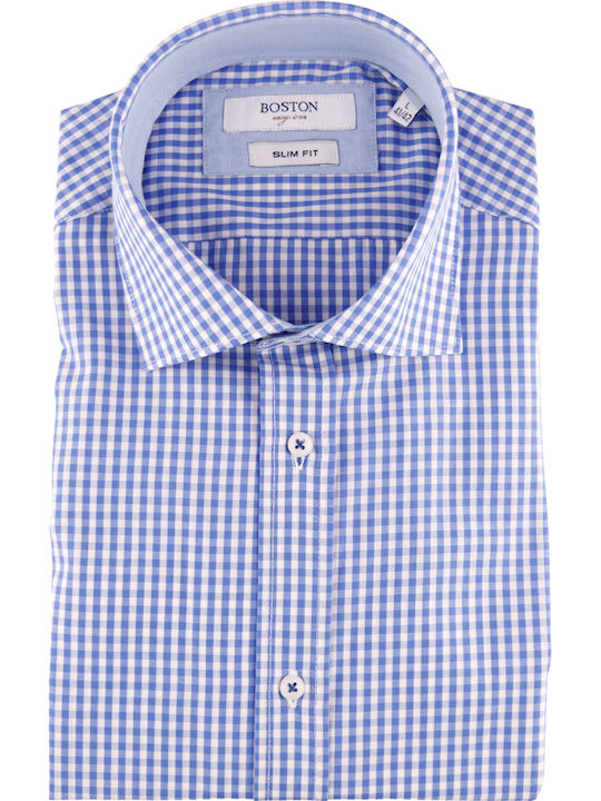 Long-sleeved Cotton Shirt Checked Light Blue
