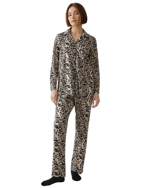 Minerva Winter Damen Pyjama-Set Beige-black Hearts Hearts
