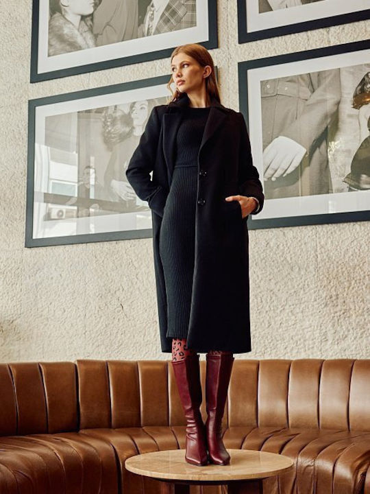 Desiree Γυναικείο Μαύρο Παλτό Oversized με Κουμπιά