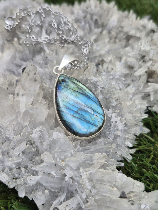 Silver Plated Necklace Blue Labradorite – Semi-Precious Stone Steel Chain
