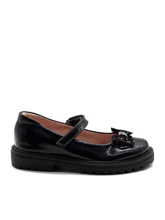 Kids Patent Leather Ballerinas with Hoop & Loop Closure Black