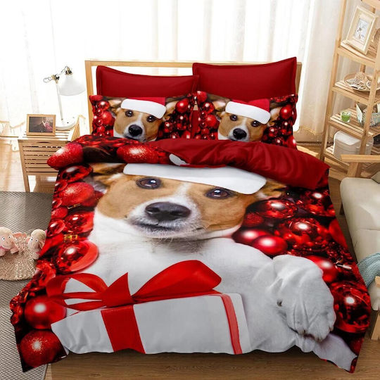 Pucioasa Set Husă de Pilotă Bumbac Dublă cu 4 Fețe de Pernă & 1 Cearsaf 200x220 Christmas Roșu