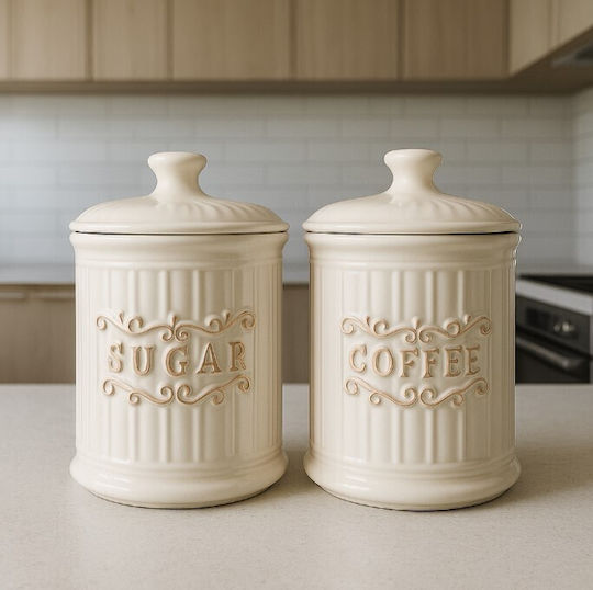 Galifas Set of 2 Ceramic Jars for Sugar Coffee with Lid 2 Pieces