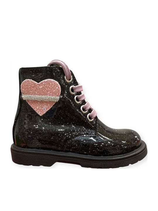 Leather Kids Military Boots with Zipper Black