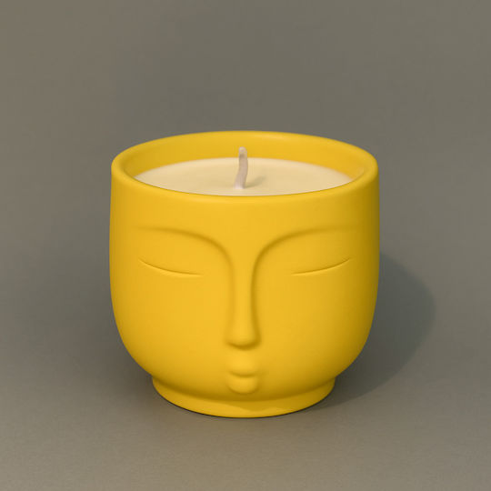 Handmade Aromatic Soy Candle Jar Embossed Face Design Yellow 8x9cm 500g