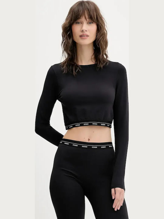 Damen Sport Crop Top Langarm Black