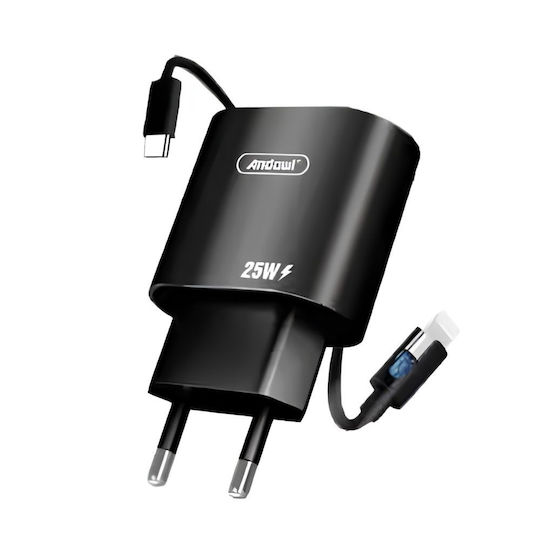 Andowl Φορτιστής με Θύρα USB-C και Καλώδιο USB-C 25W Μαύρος (Q-CD669)