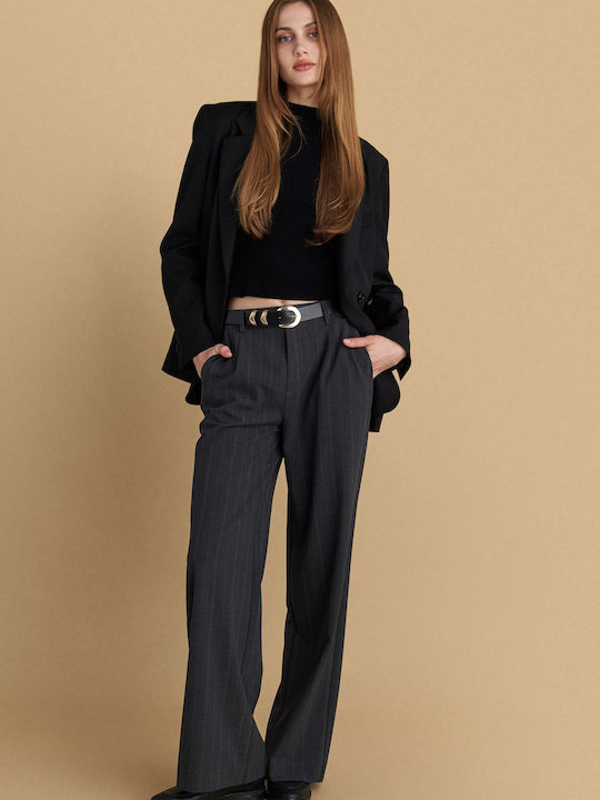 Women's Fabric Trousers with Elastic Striped Gray