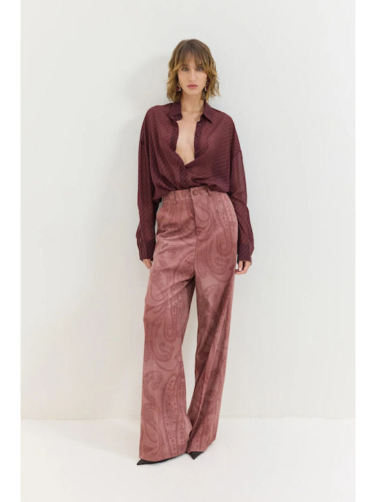 Damen Hoch tailliert Stoff Hose in Weitem Schnitt Dark Pink