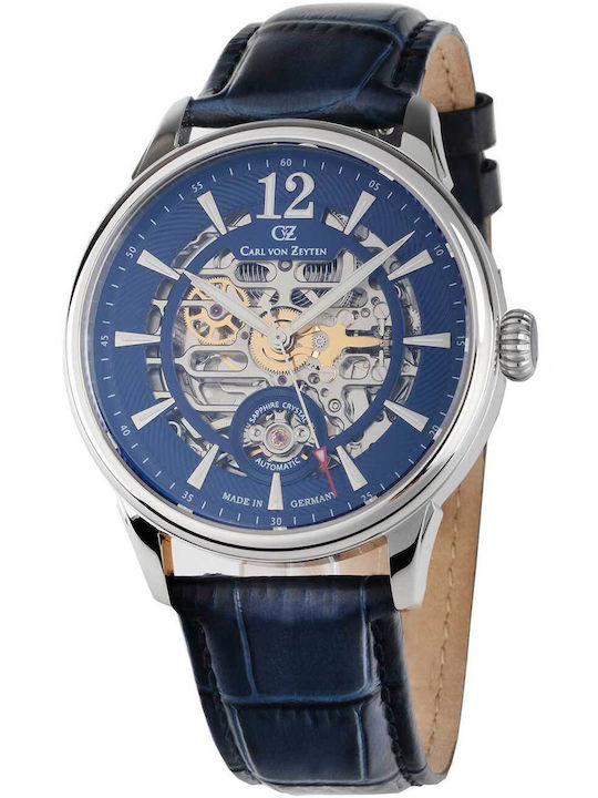 Carl Von Zeyten Ανδρικό Ρολόι 42mm Αυτόματο με Μπλε Δερμάτινο Λουράκι