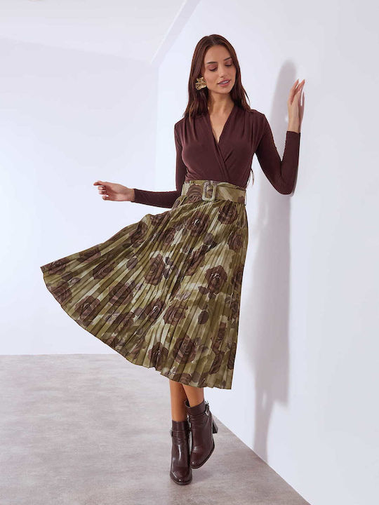 Celestino Women's Pleated Floral Skirt Belt Loose Fit Khaki