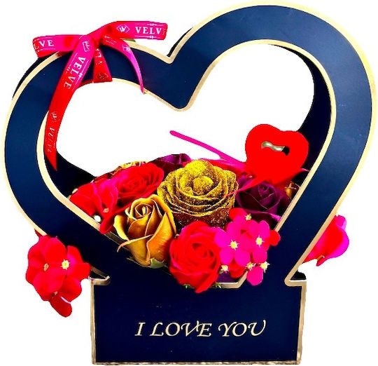 Aranjament Floral De Valentine Din Trandafiri De Săpun Hortensii Catifea Decorațiune În Cutie Cu Mâner Design Inima Roșu-Auriu-Burgundia