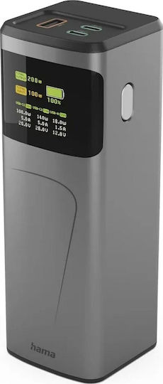 HAMA High Power 24000mAh 200W mit USB-A Anschluss und 2 USB-C Anschlüssen Schnellaufladung 3.0 Gray