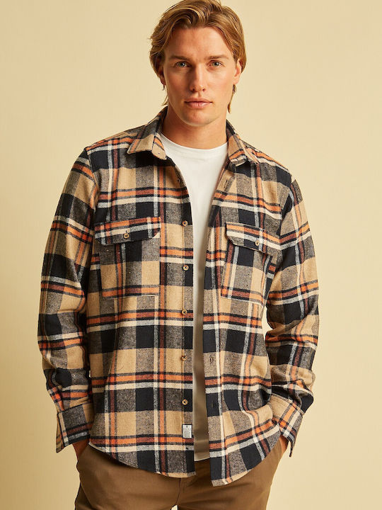 Μακρυμάνικo Φανελένιο Overshirt σε Κανονική Γραμμή Καρό Χακί