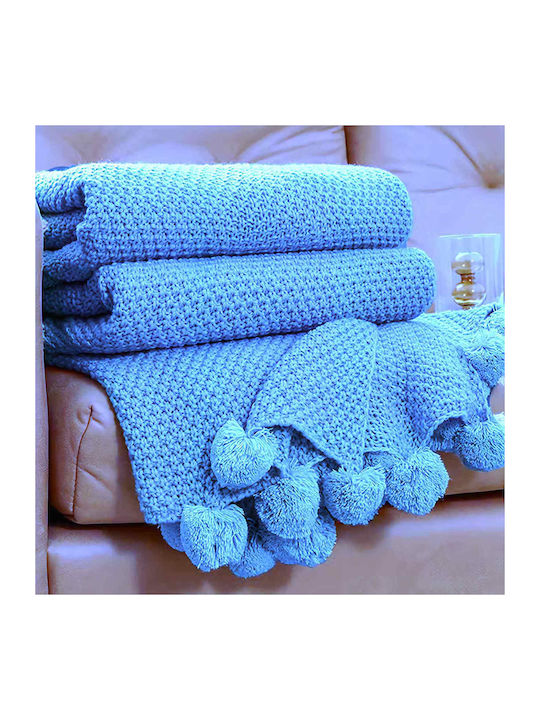 Ehome Gestrickte Übergröße Decke 220x240cm Hellblau Gestrickte Decke Überwurf Übergröße 220x240cm Pom Poms Hellblau