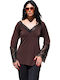 Plus Size Women's Blouse Long Sleeve with V Neckline Brown