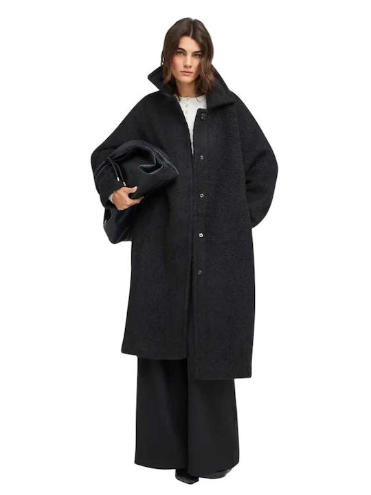 Women's Black Coat Oversized with Buttons