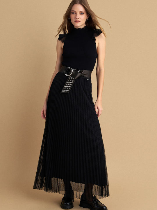 Plissiert Maxi Rock mit Tüll Black