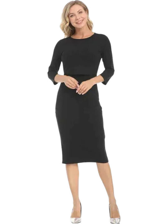 Black Casual Midi Cotton Maternity Nursing Dress Queen Mother Autumn Winter 2024 Slim Fit