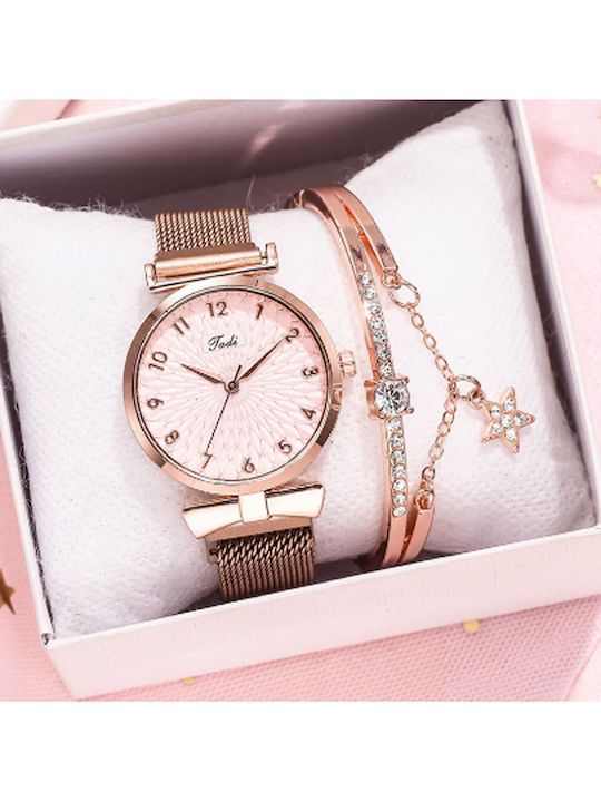 Set Bracelet Set Womens Battery Watch with Pink Gold Metal Bracelet