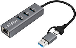 Microconnect USB Hub 3 Θυρών (USB-C) + LAN USBHUB-RJ45-2IN1
