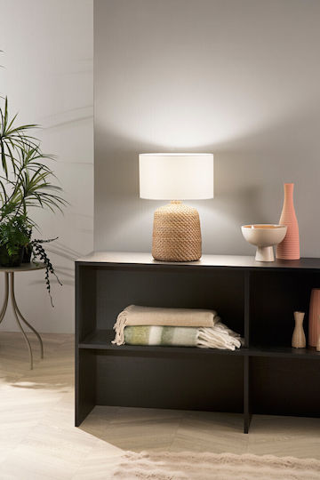 Fan Europe Wood Table Lamp LED with White Shade and Beige Base