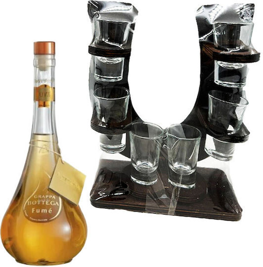 Minibar Set U-Shaped Wooden Holder 6 Glasses Bottega Fume Grappa