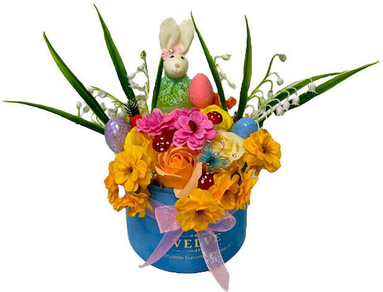 Aranjament Floral De Paște Decorațiune Iepure 3 Ouă Decorative Trandafiri Maci Garofi Floarea De Cireș Flori De Săpun Crin De Vale Artificial În Cutie Rotundă Din Catifea Albastră