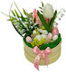 Aranjament Floral De Paște Decorațiune Iepure 5 Ouă Decorative Crin De Vale Lalea Eucalipt Artificial Pe Un Pat De Mușchi Natural Stabilizat În Cutie Rotundă