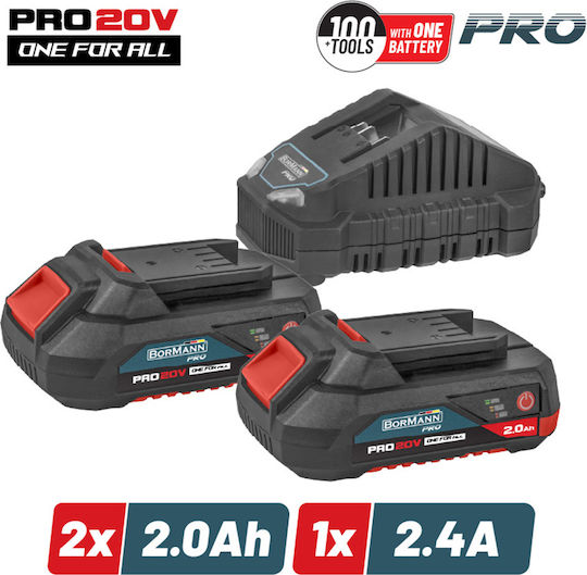 Bormann Pro Σετ 2 Μπαταριών Εργαλείου 20V Χωρητικότητας 2Ah με Φορτιστή Starter Kit