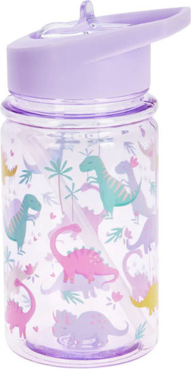 Gezellig Sticlă Pentru Copii Dinozaur Plastică Cu Pai Roz 450ml