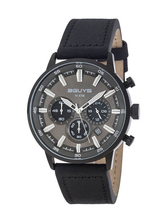 3Guys Men's Watch Battery with Black Leather Strap